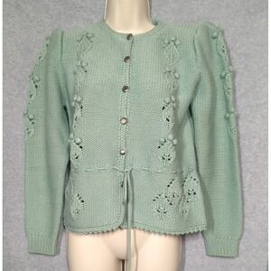 Vtg 80's Susan Bristol Wool Cardigan Sweater M Green Bobbles Hong Kong Prairie